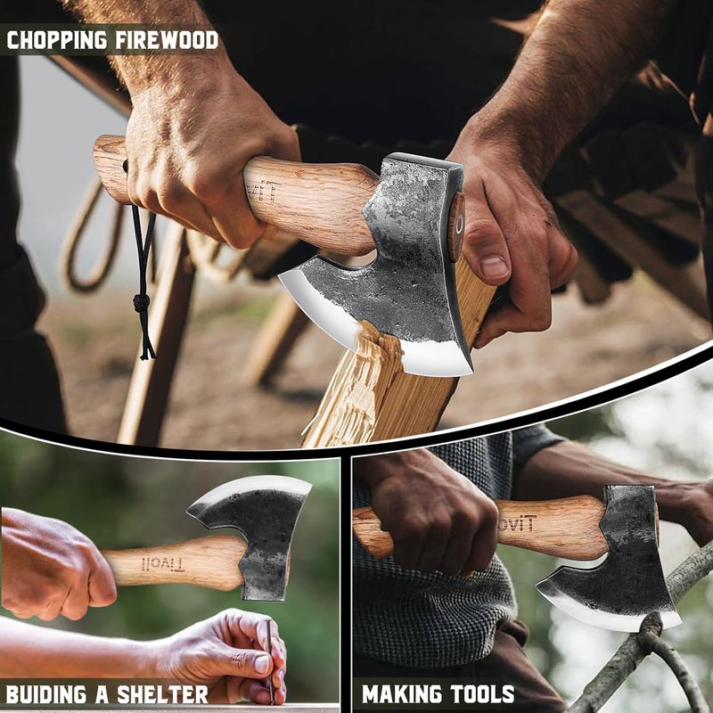Tivoli 9-inch Small Hatchet Axe for Camping, Small Wood Hatchet Hand Axe, Hand Forged Carbon Steel Short Camp Axe for Chopping Wood, Ash Wood Handle, Retro Sheath - Image 3
